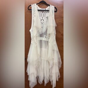 Origami by Vivian Cream Tulle Lace Crochet Kimono Duster Vest Boho Coachella S/M